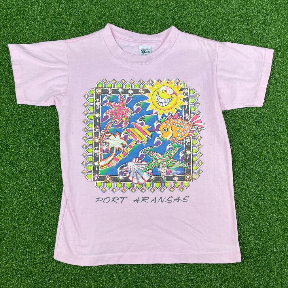 Vintage 90s Port Arkansas Coastal Beach Travel Souvenir Pink Kids T-Shirt Sz M